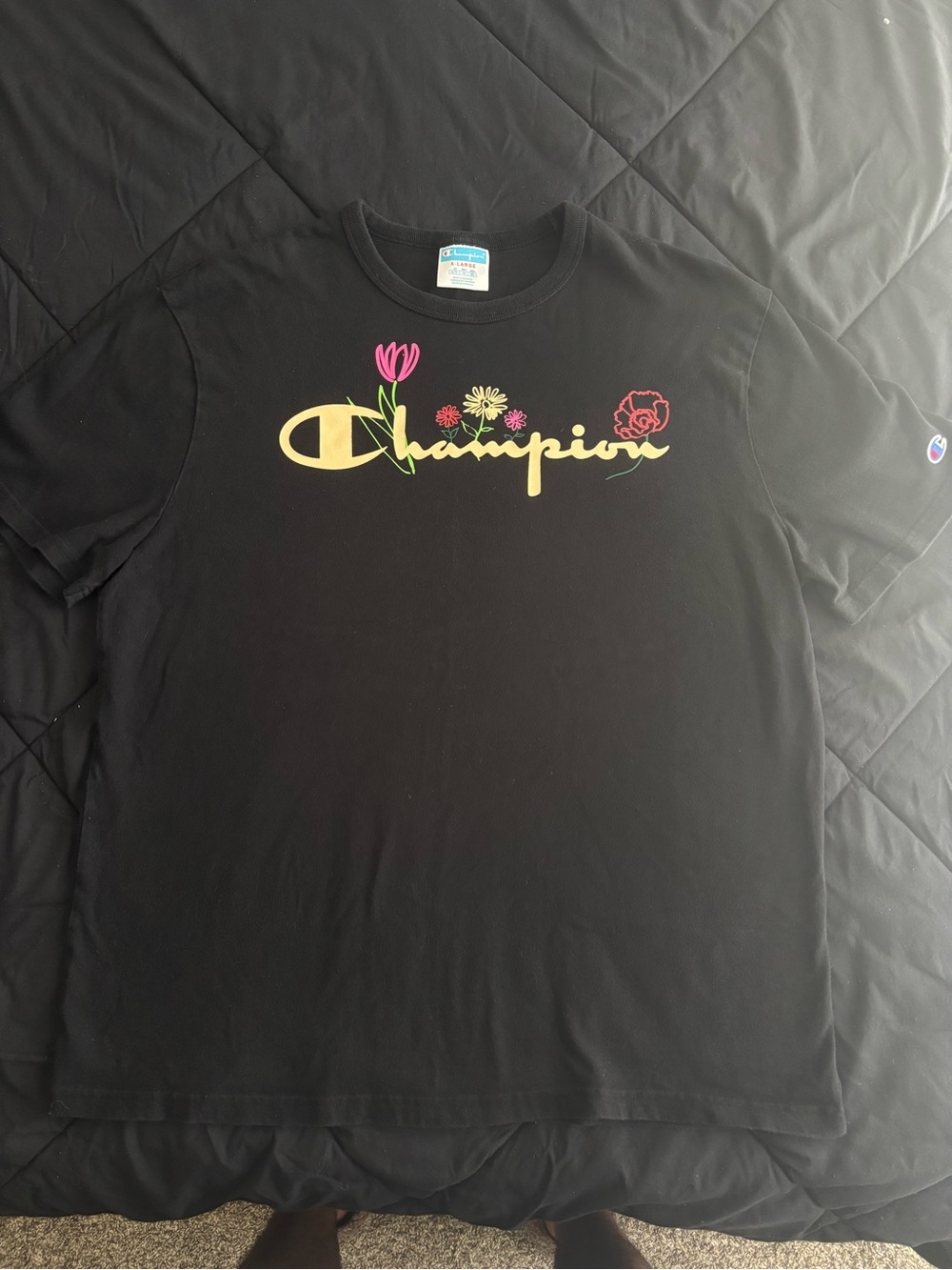 Champion Black Flower Floral Short Sleeve Tee Shirt | Men’s XL
